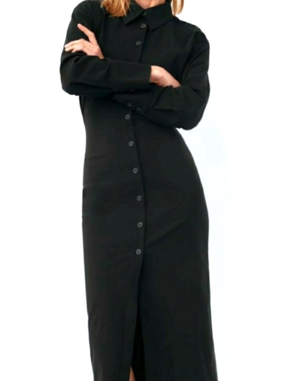 ZARA Black Button-Front Long Sleeve Shirt Dress Size XL EUC